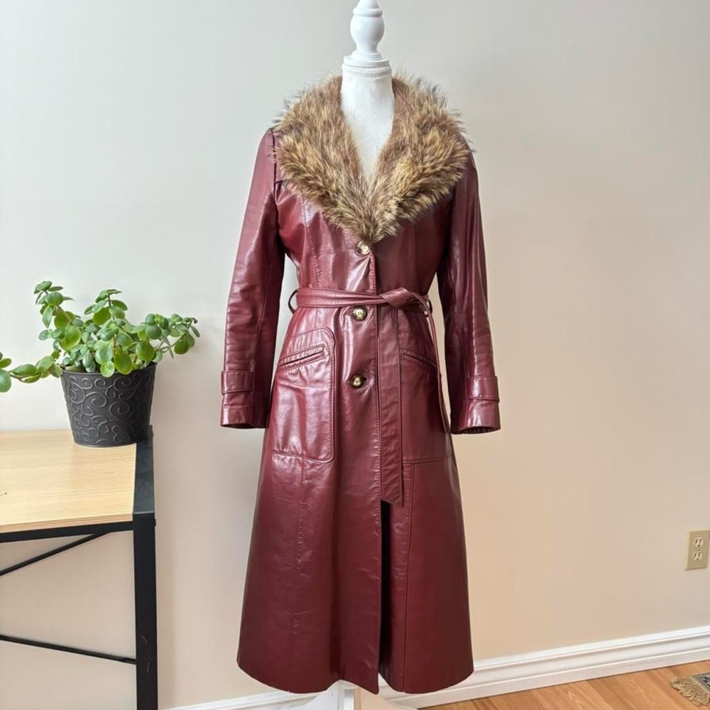 Leather Trench Coat with Fur Collar